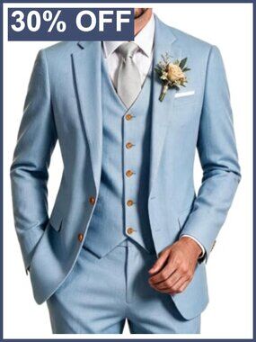 3-Piece Slim Fit Linen Suit Set for Men Wedding Beach Prom
